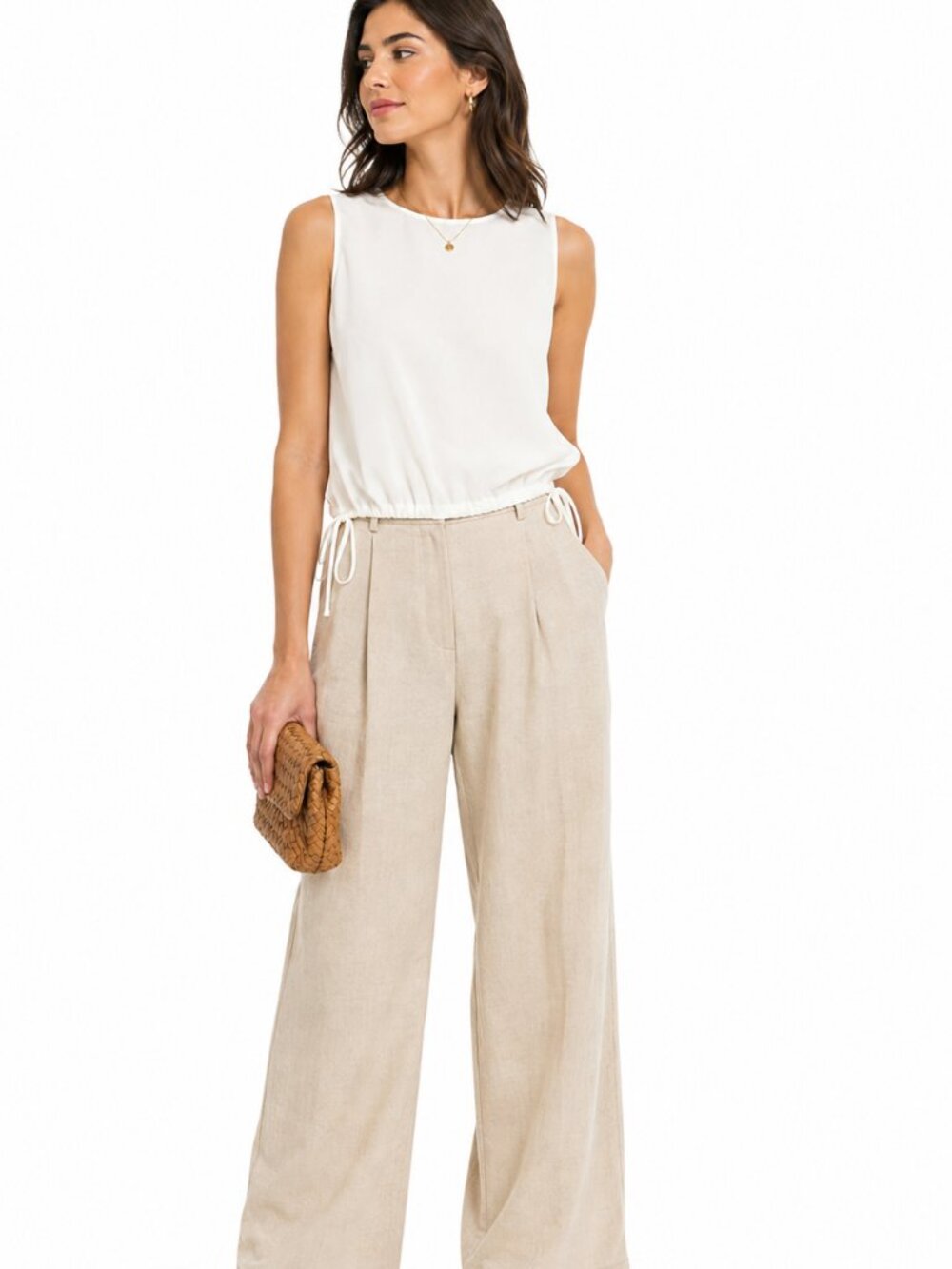 ATM Anthony Thomas Melillo 100% Silk Ivory Drawstring Hem Sleeveless Top